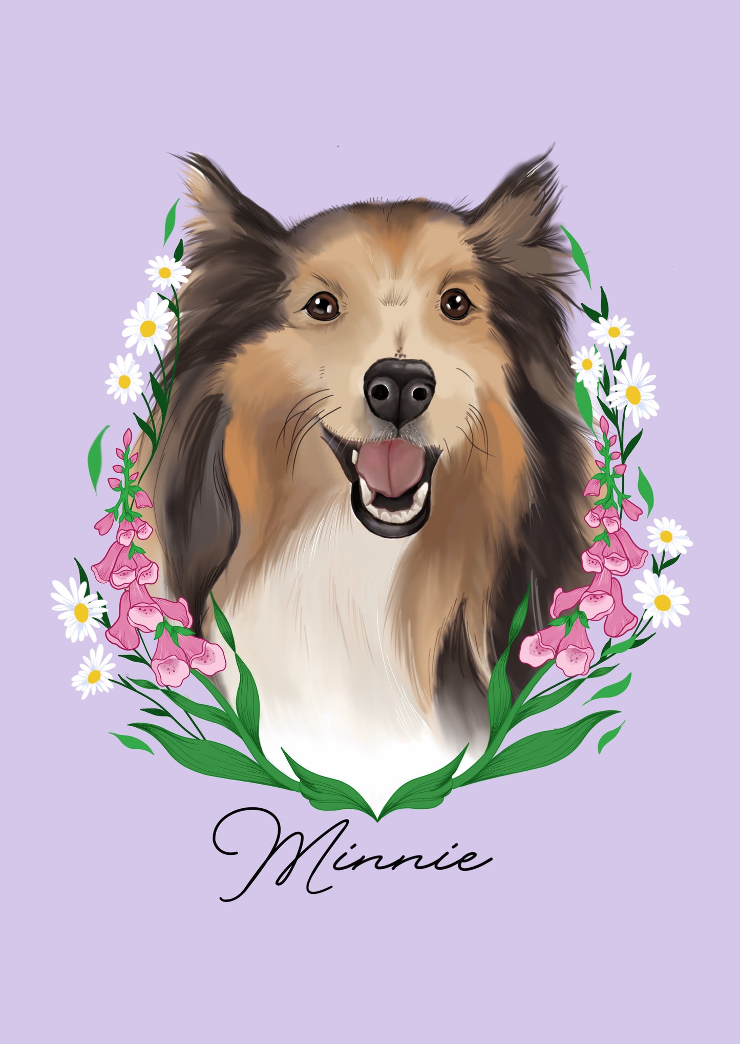 Coloured pet portrait of a dog with floral and greenery 