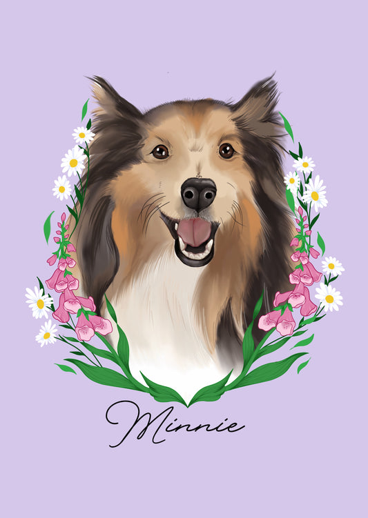 Coloured pet portrait of a dog with floral and greenery 